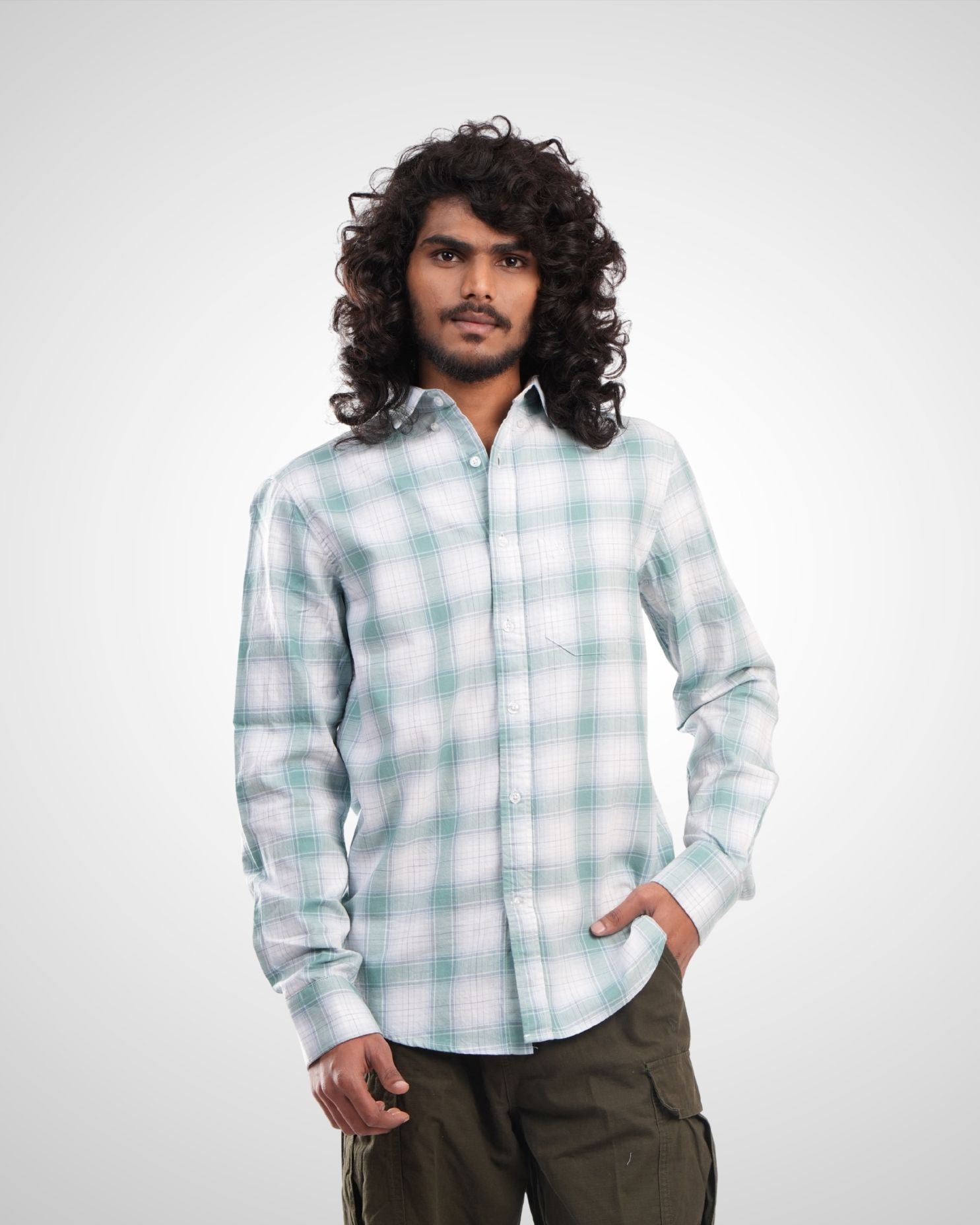 Mint Green Melange Twill Checked Shirt