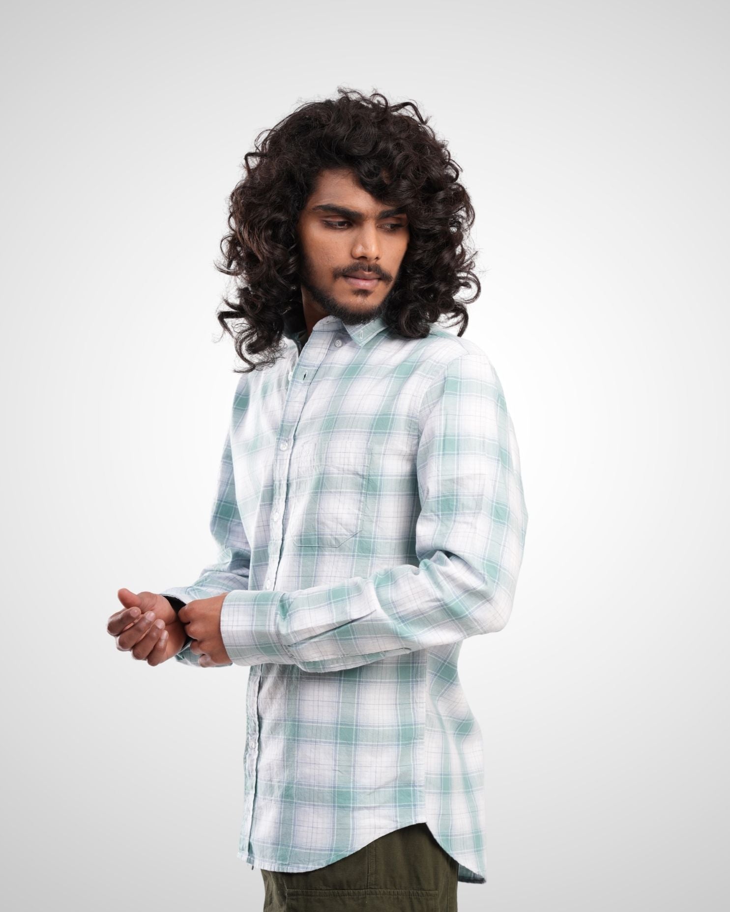 Mint Green Melange Twill Checked Shirt