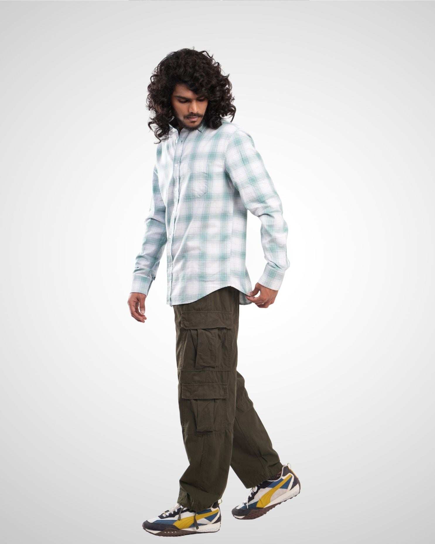 Mint Green Melange Twill Checked Shirt