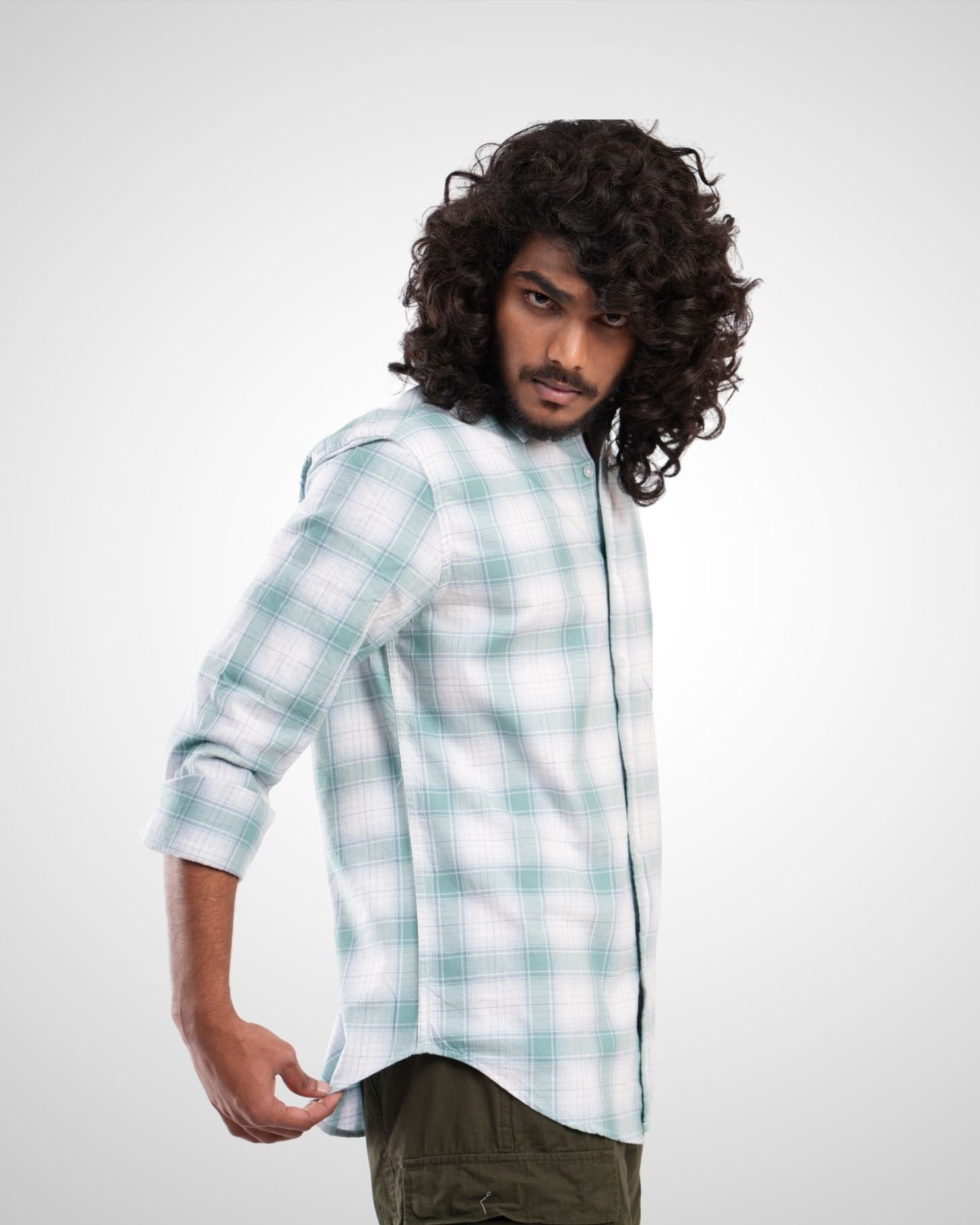Mint Green Melange Twill Checked Shirt