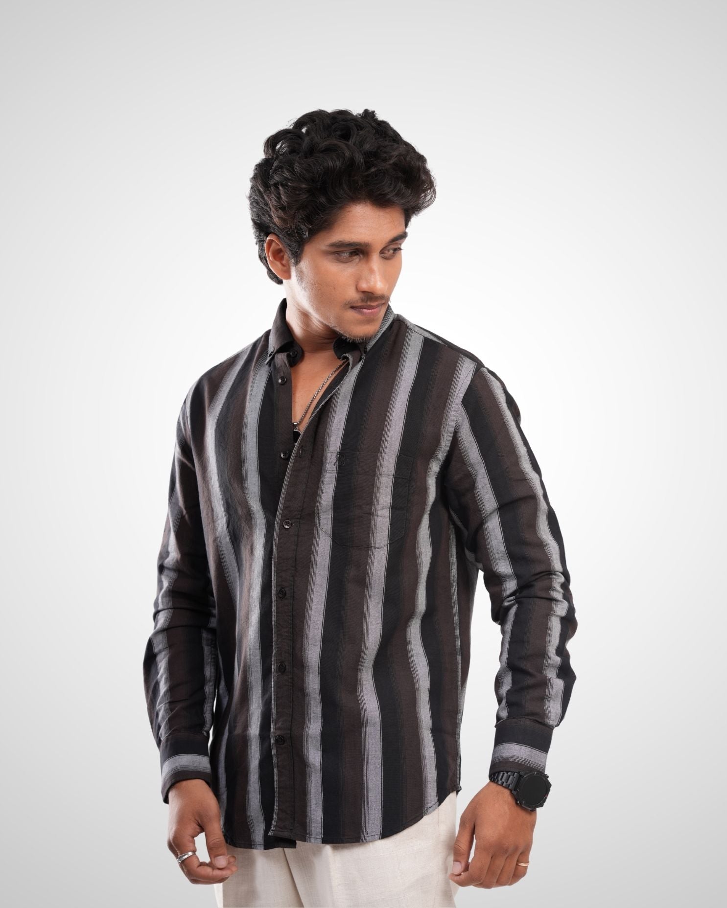 Black Cotton Oxford Stripe Shirt