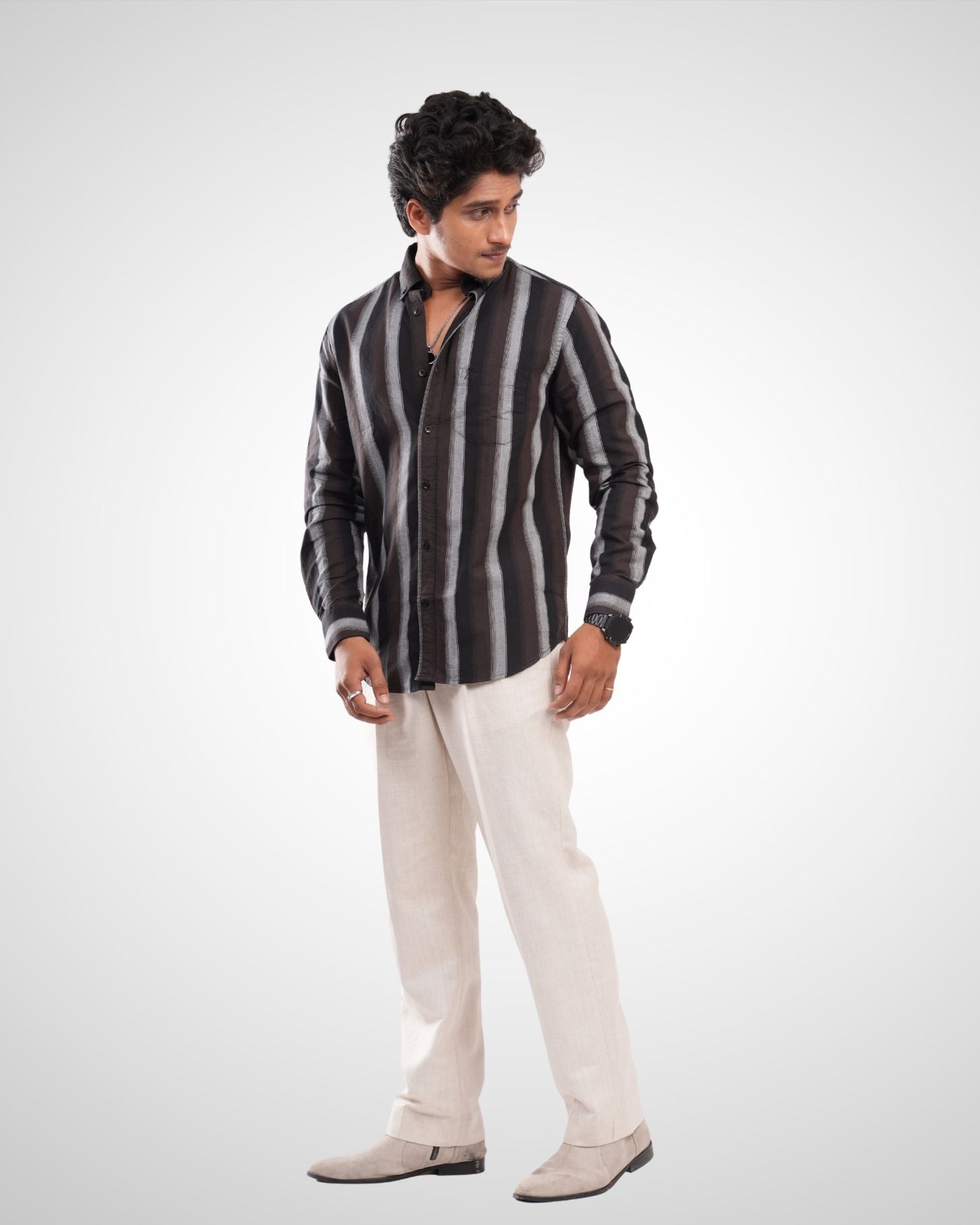 Black Cotton Oxford Stripe Shirt