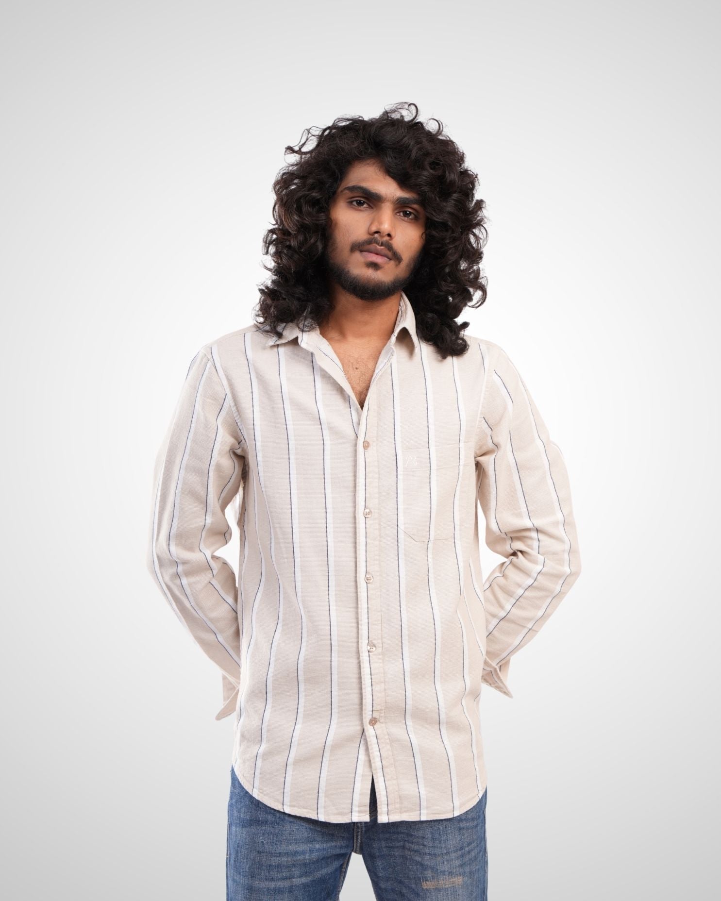 Beige Cotton Dobby Stripe Shirt