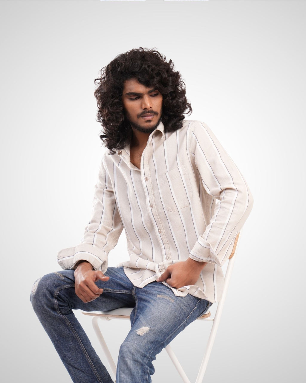 Beige Cotton Dobby Stripe Shirt