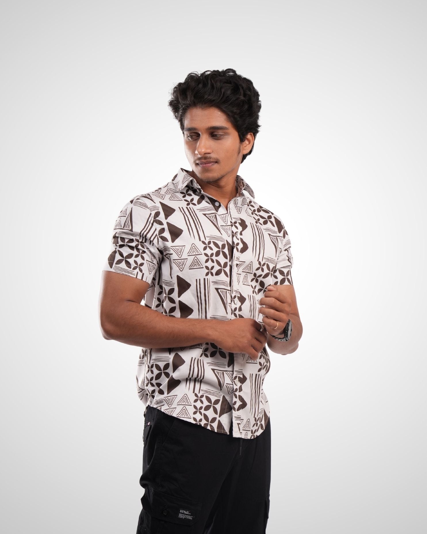 Cream Satin Printed Half Sleeve Shirt