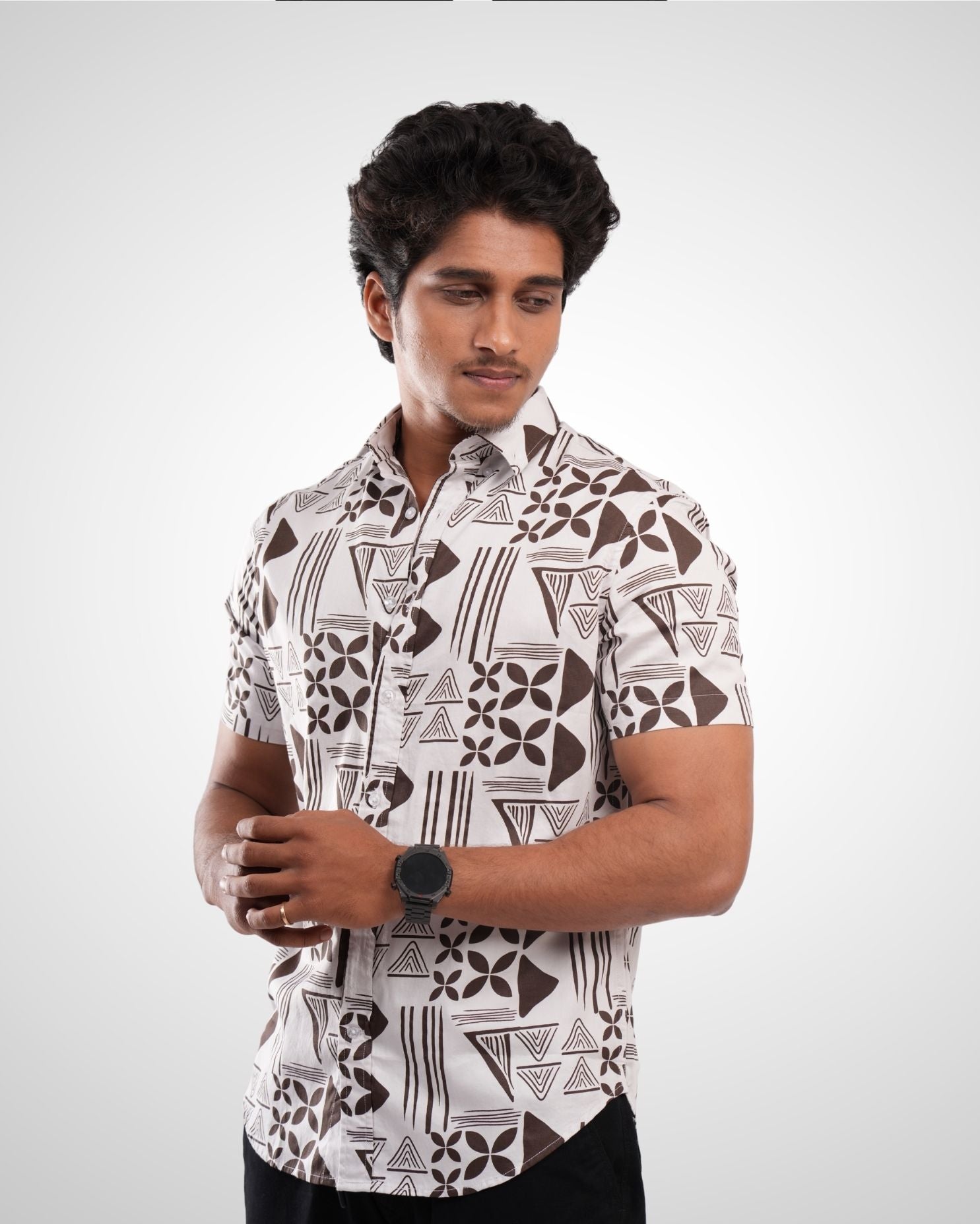 Cream Satin Printed Half Sleeve Shirt