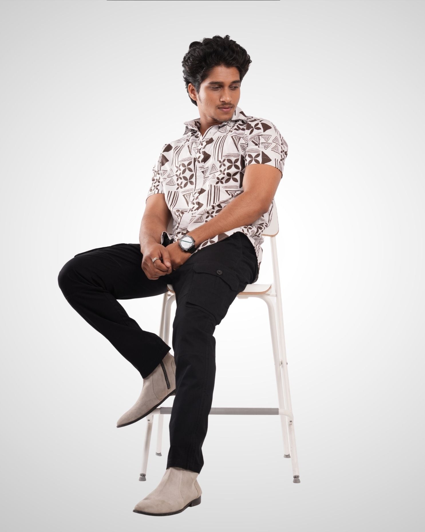 Cream Satin Printed Half Sleeve Shirt