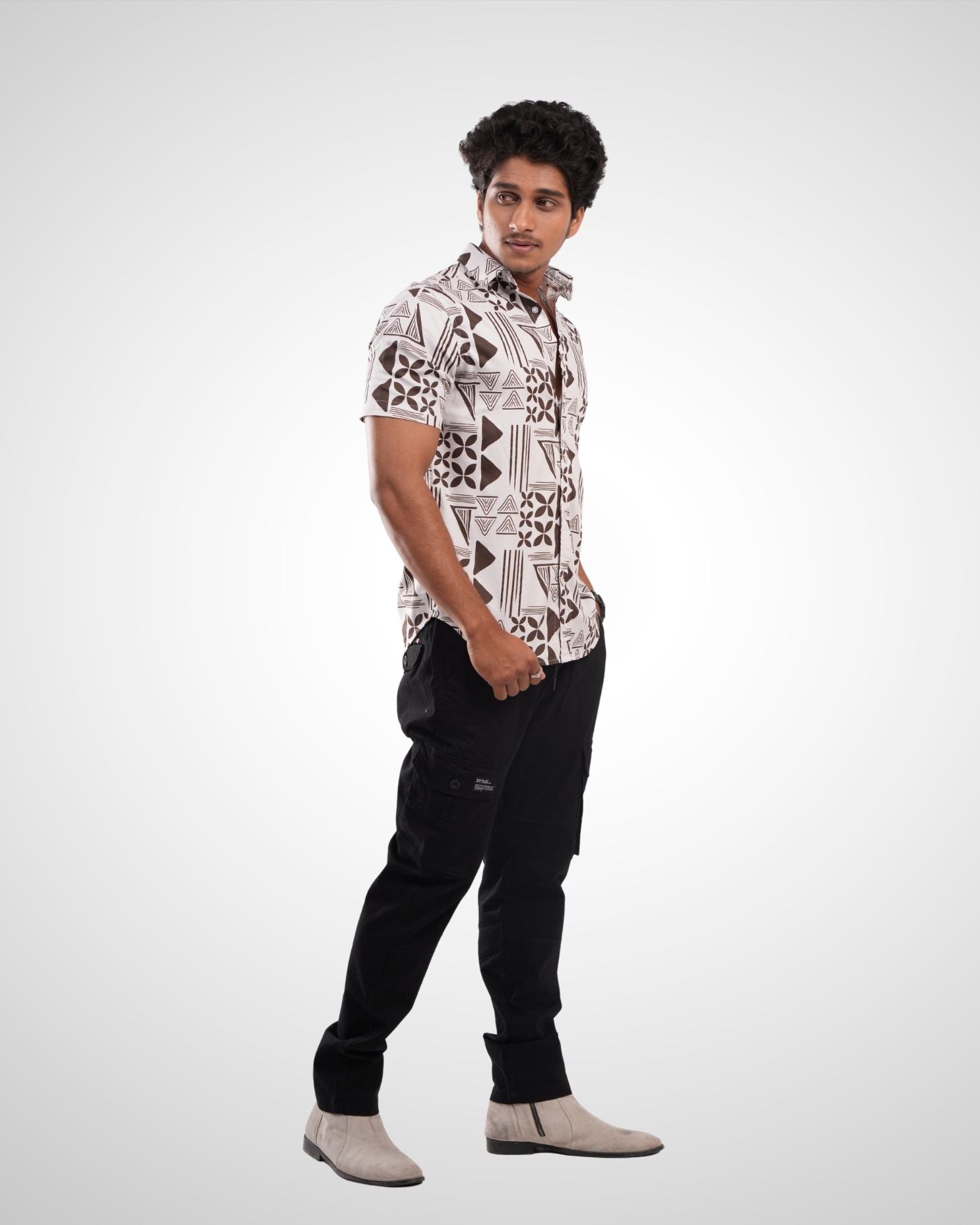 Cream Satin Printed Half Sleeve Shirt