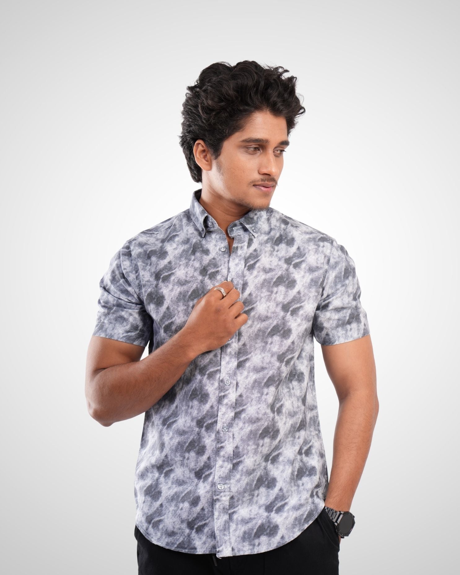 Grey Oxford Printed Half Sleeve Shirt