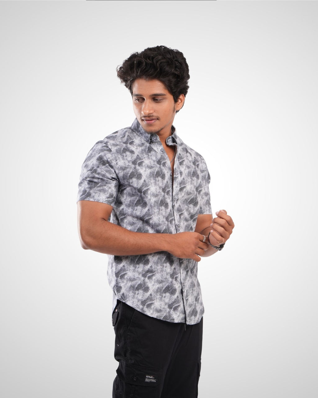 Grey Oxford Printed Half Sleeve Shirt