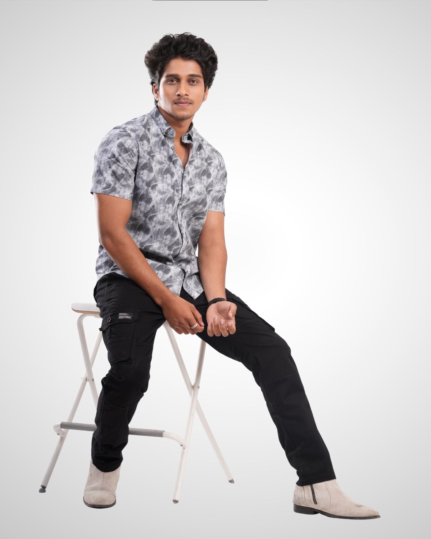 Grey Oxford Printed Half Sleeve Shirt