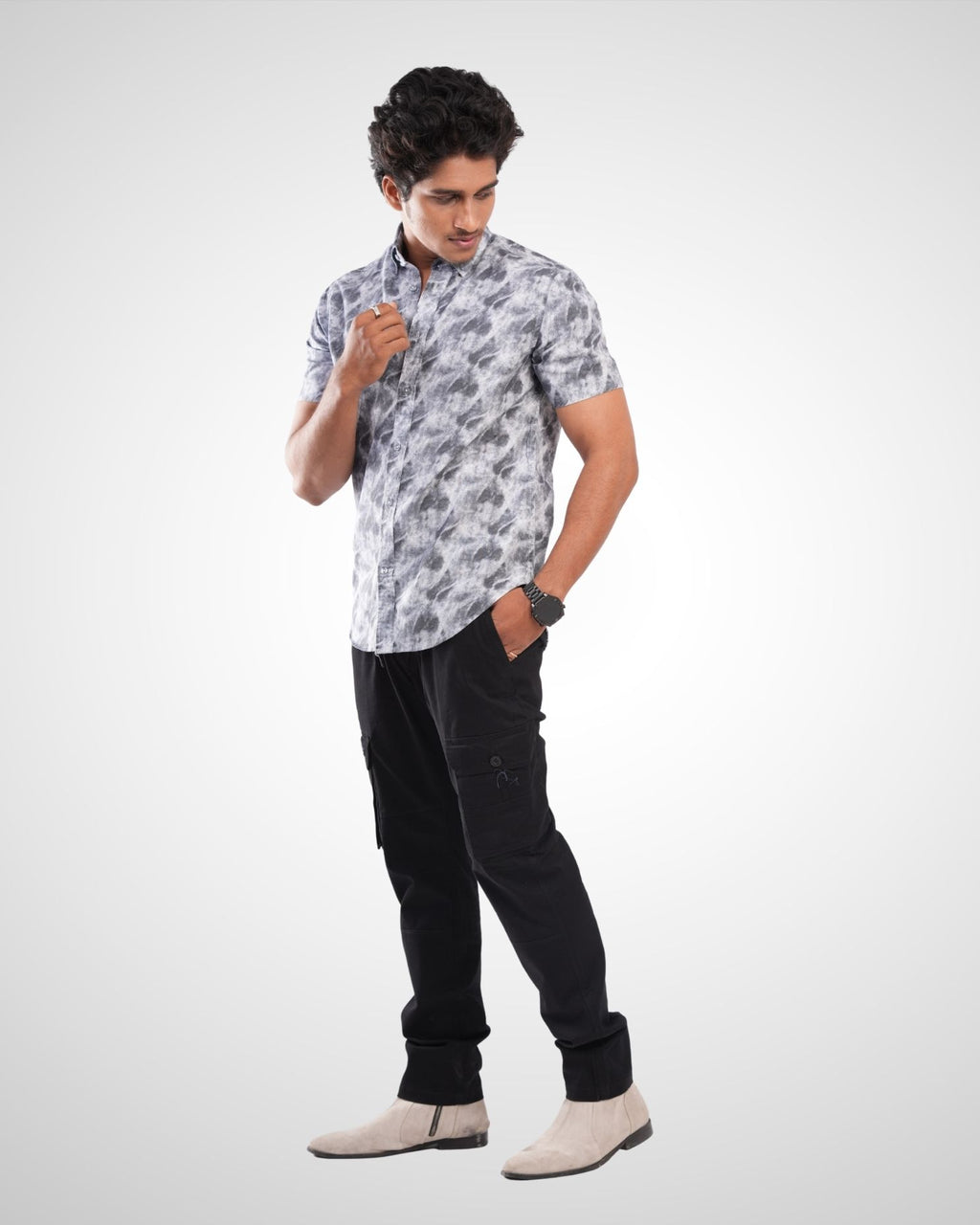 Grey Oxford Printed Half Sleeve Shirt