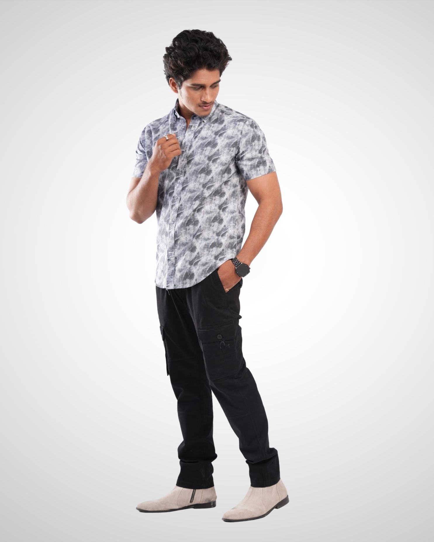 Grey Oxford Printed Half Sleeve Shirt