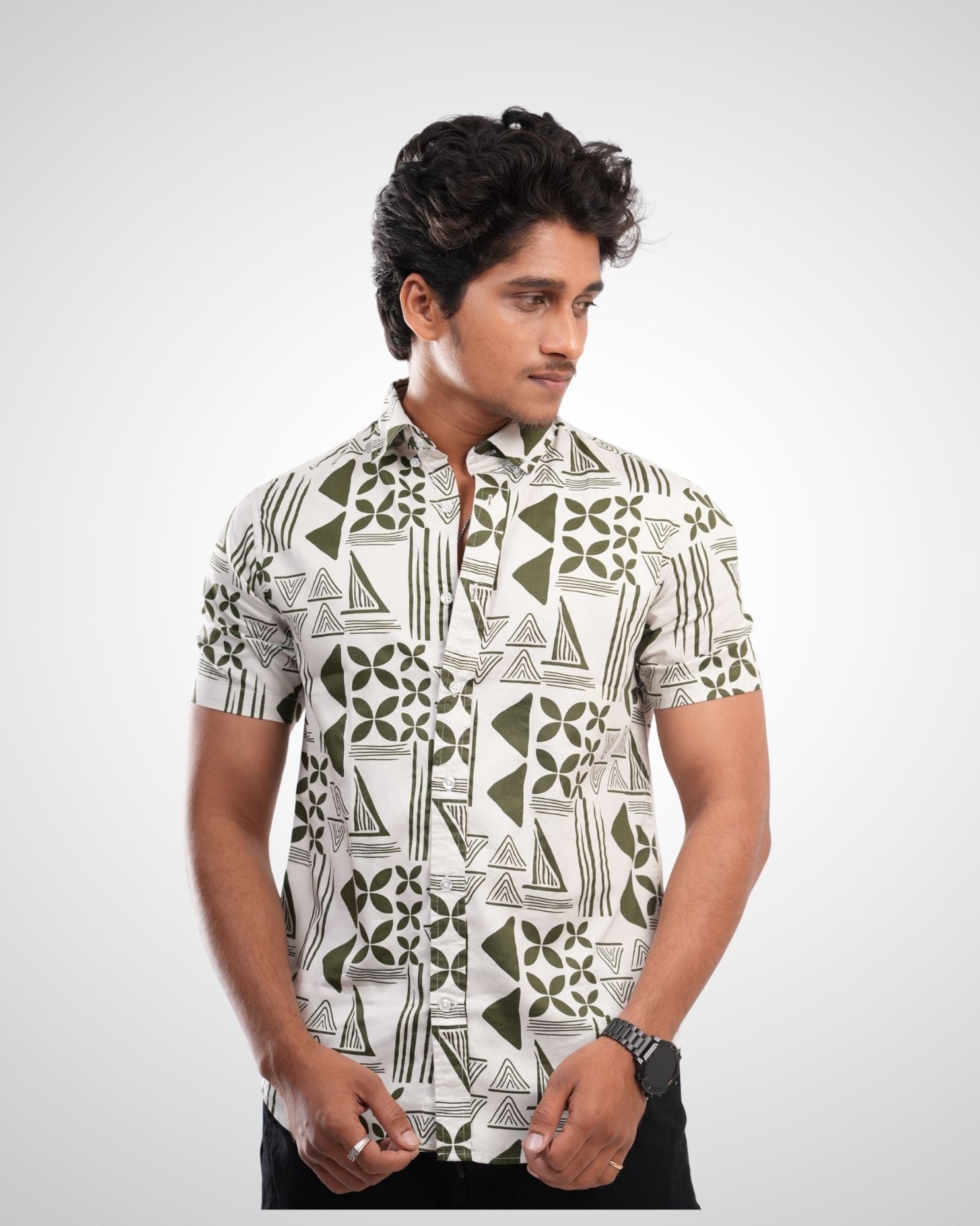 Olive Satin Printed Half Sleeve Shirt