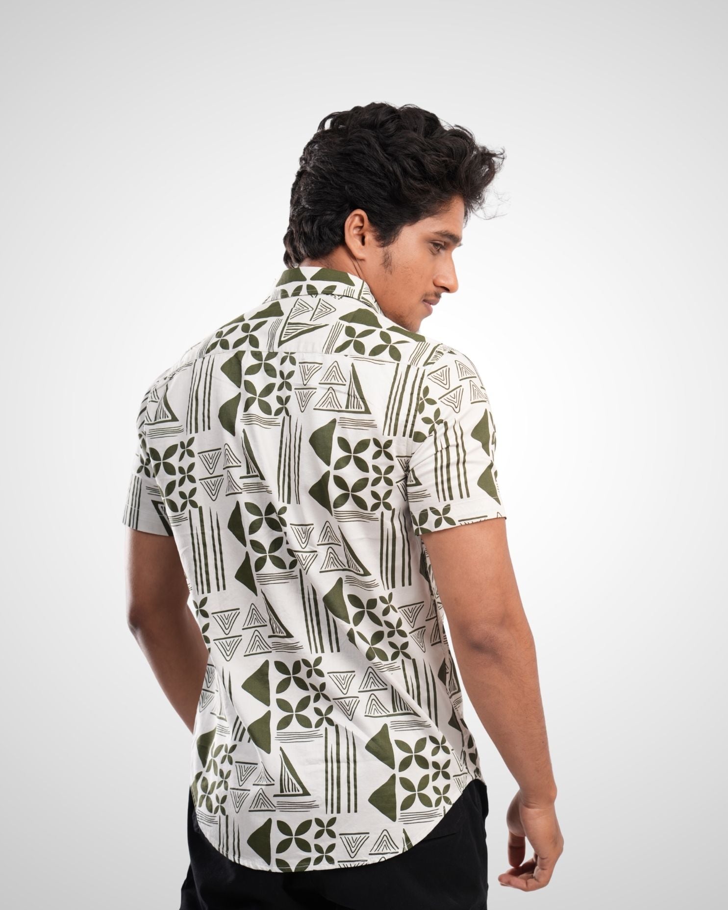 Olive Satin Printed Half Sleeve Shirt