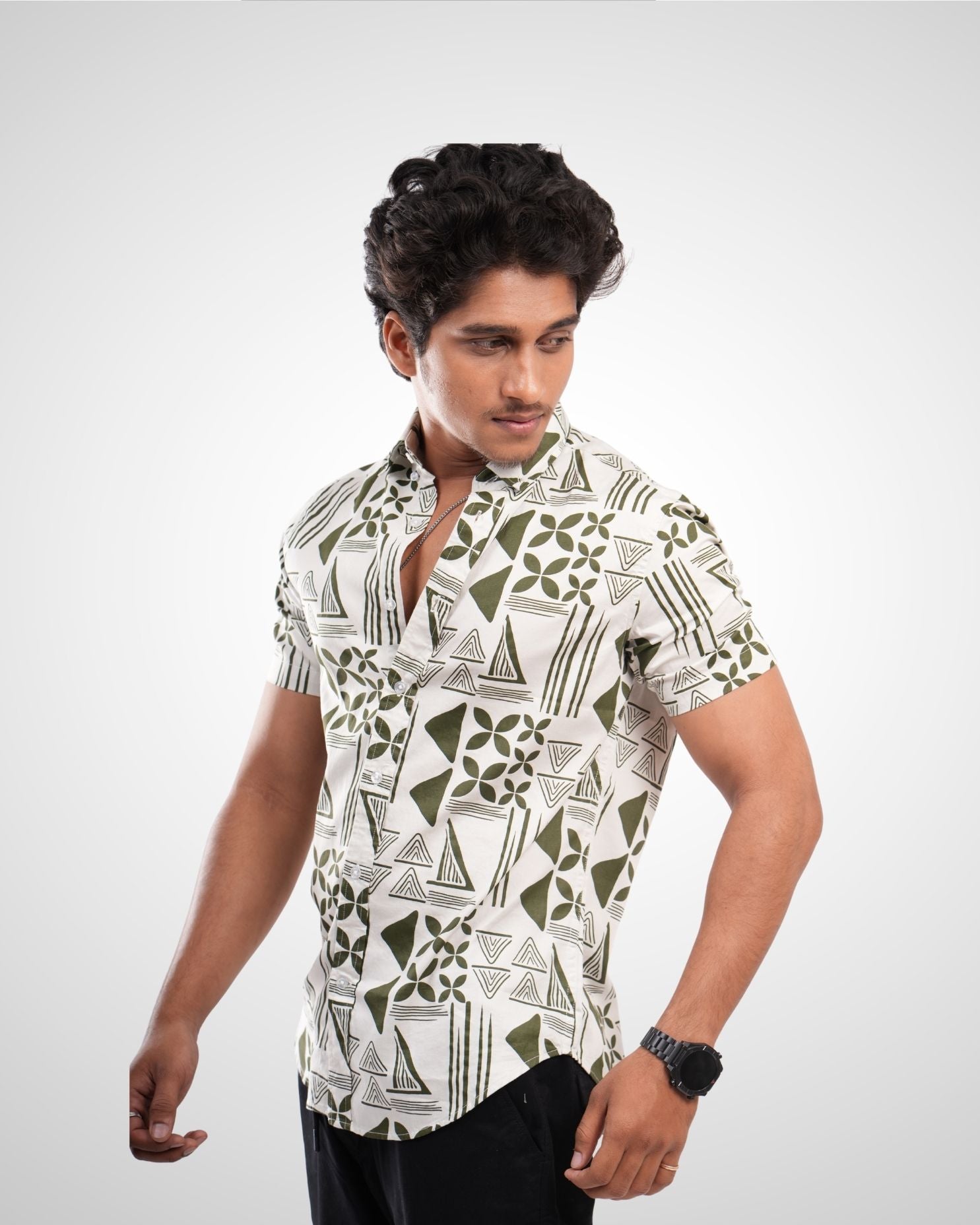 Olive Satin Printed Half Sleeve Shirt