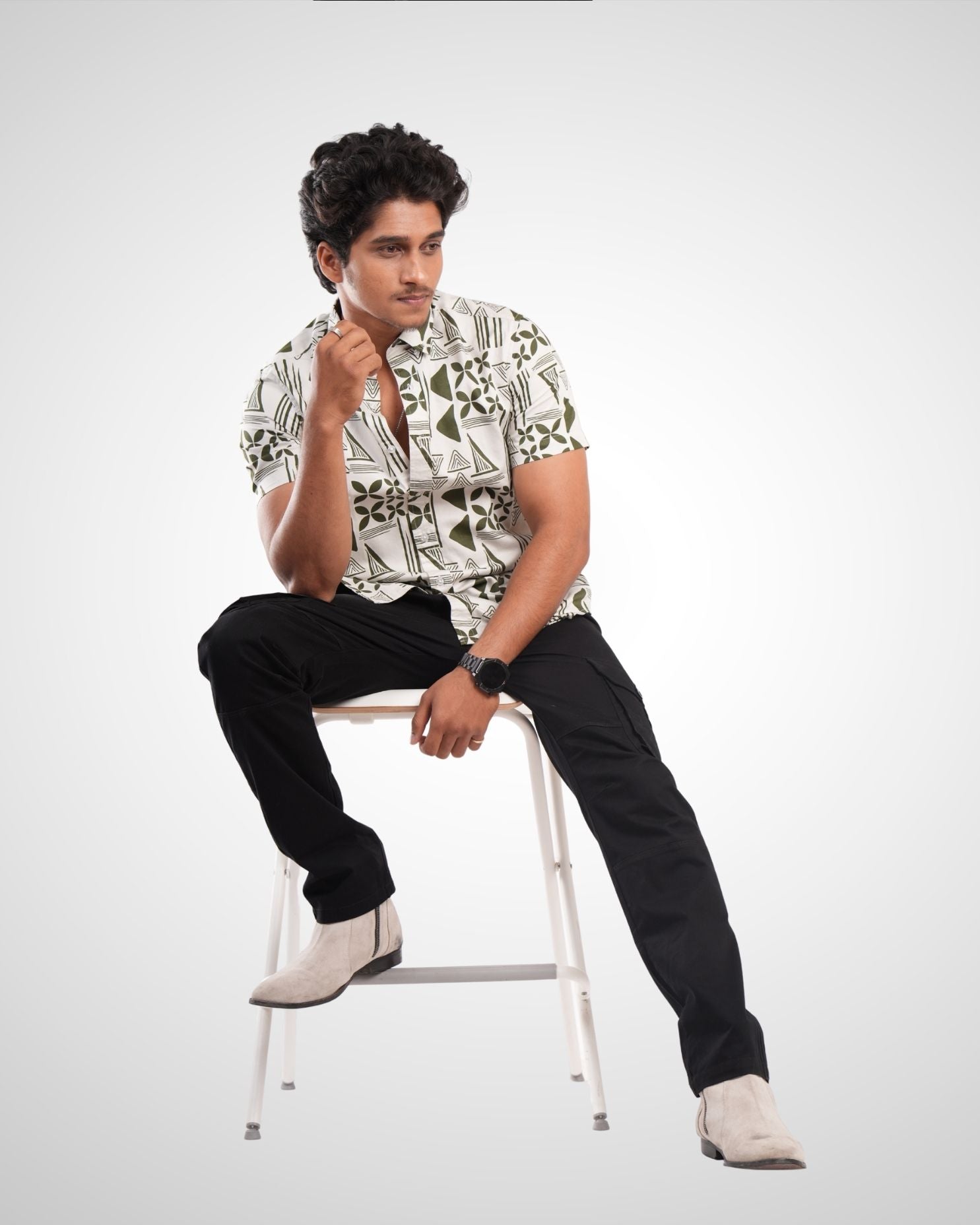 Olive Satin Printed Half Sleeve Shirt