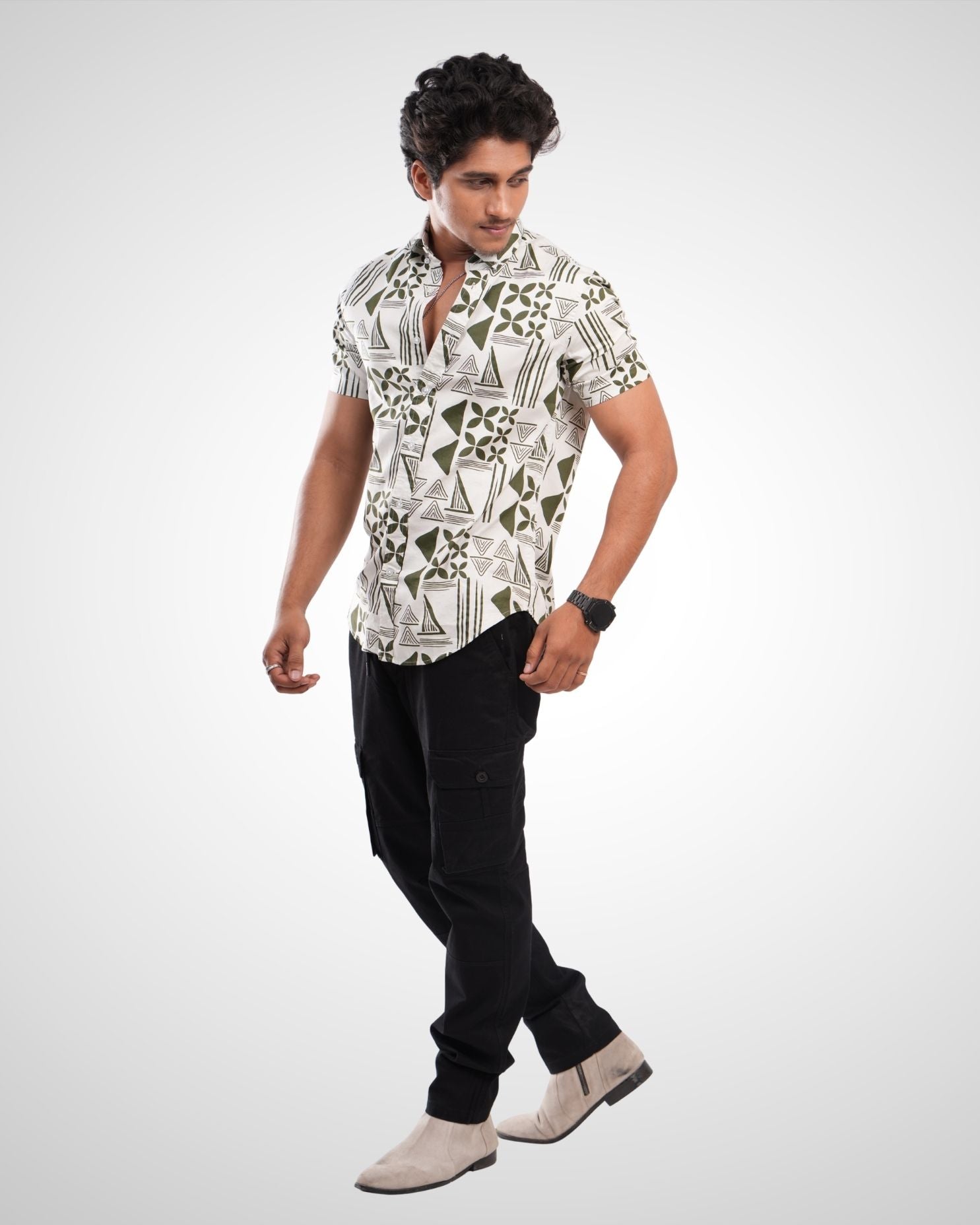 Olive Satin Printed Half Sleeve Shirt