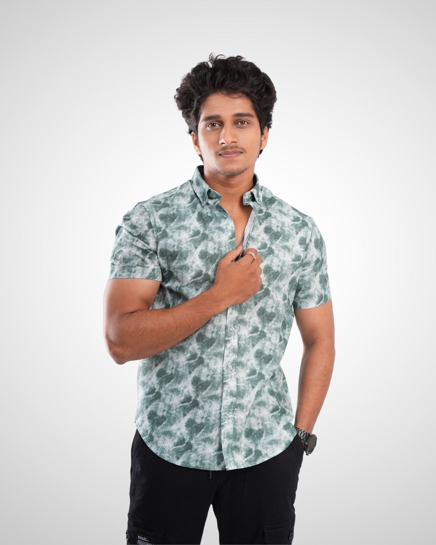 Green Oxford Printed Half Sleeve Shirt