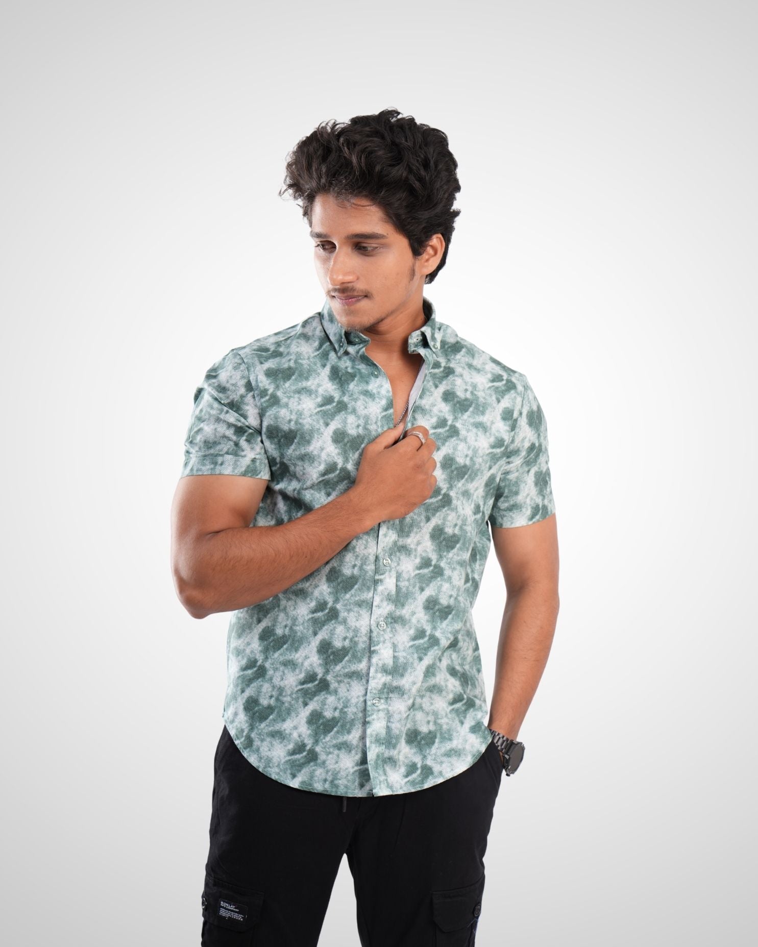 Green Oxford Printed Half Sleeve Shirt