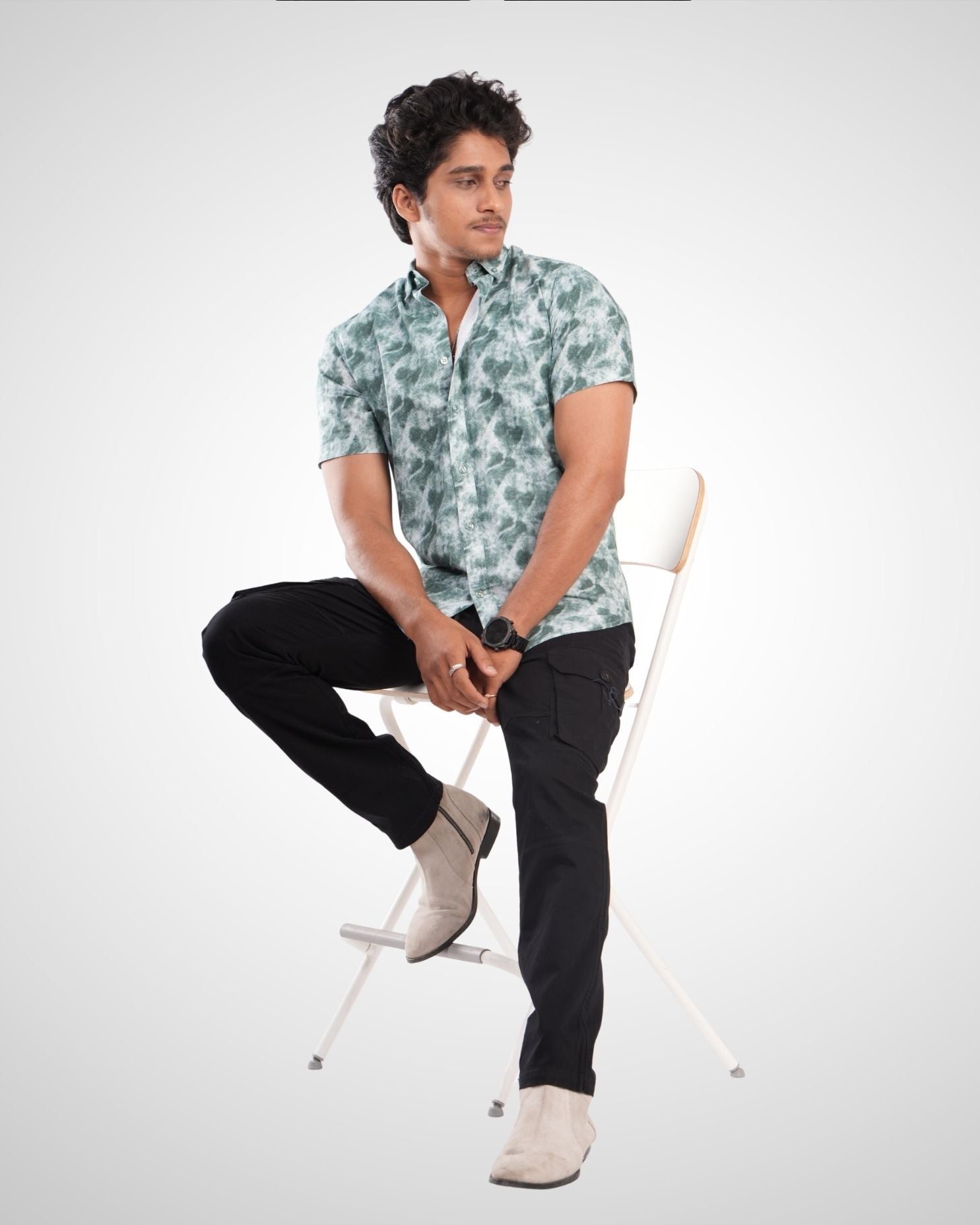 Green Oxford Printed Half Sleeve Shirt