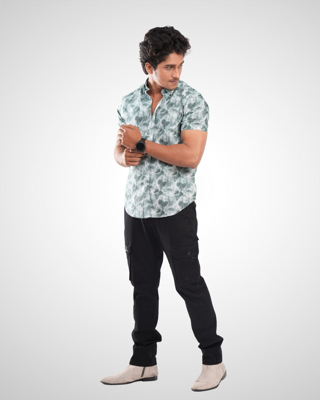 Green Oxford Printed Half Sleeve Shirt