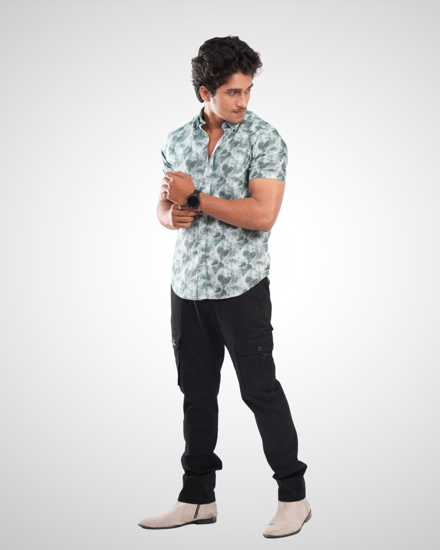 Green Oxford Printed Half Sleeve Shirt