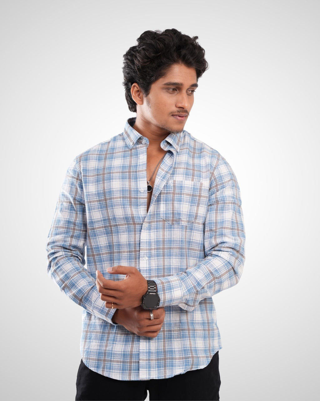 Blue Slub Dobby Checked Cotton Shirt