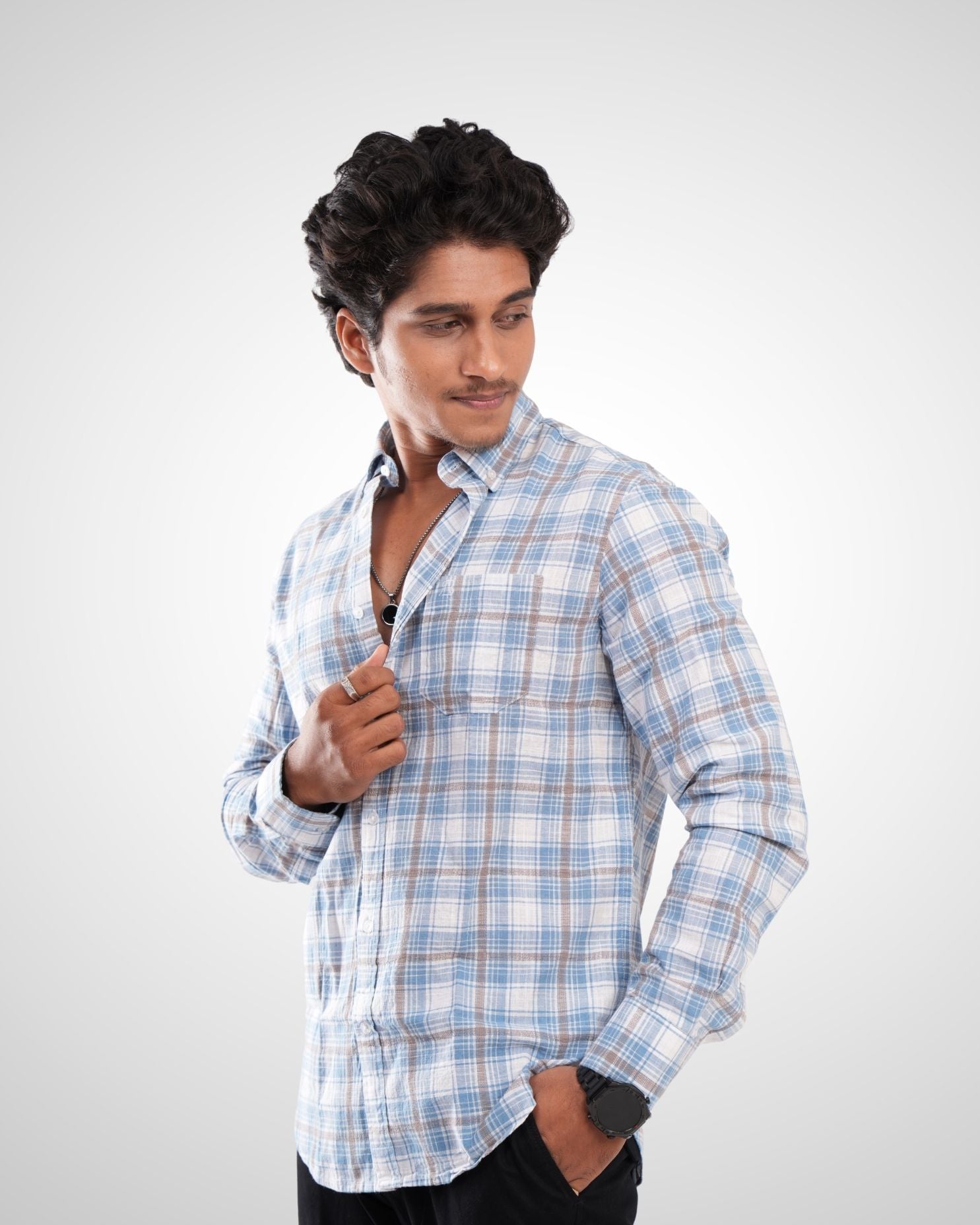 Blue Slub Dobby Checked Cotton Shirt