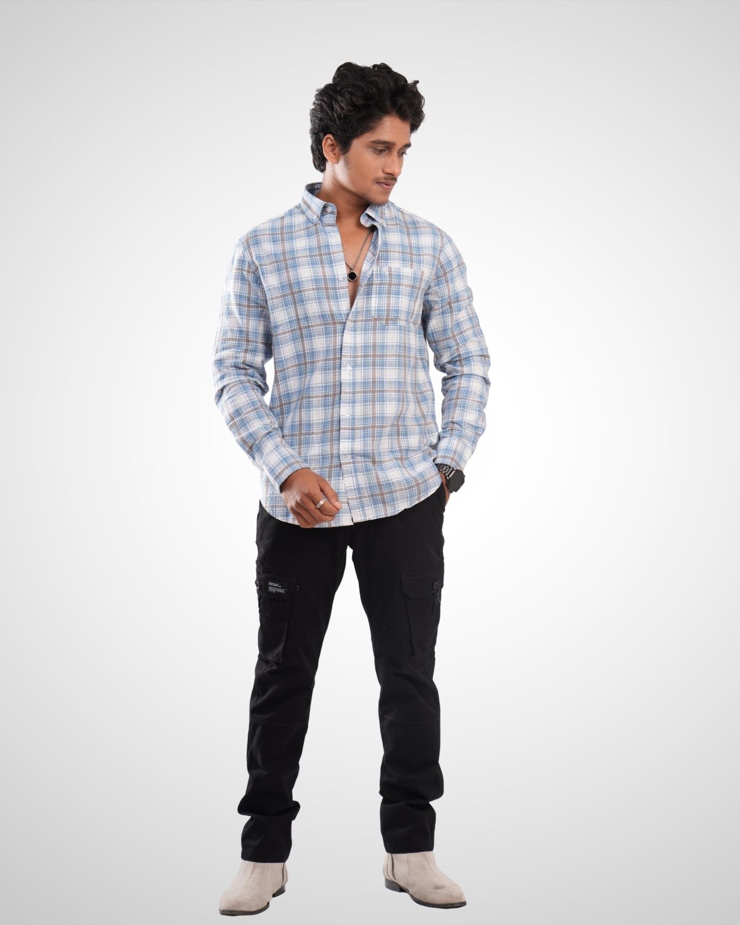 Blue Slub Dobby Checked Cotton Shirt