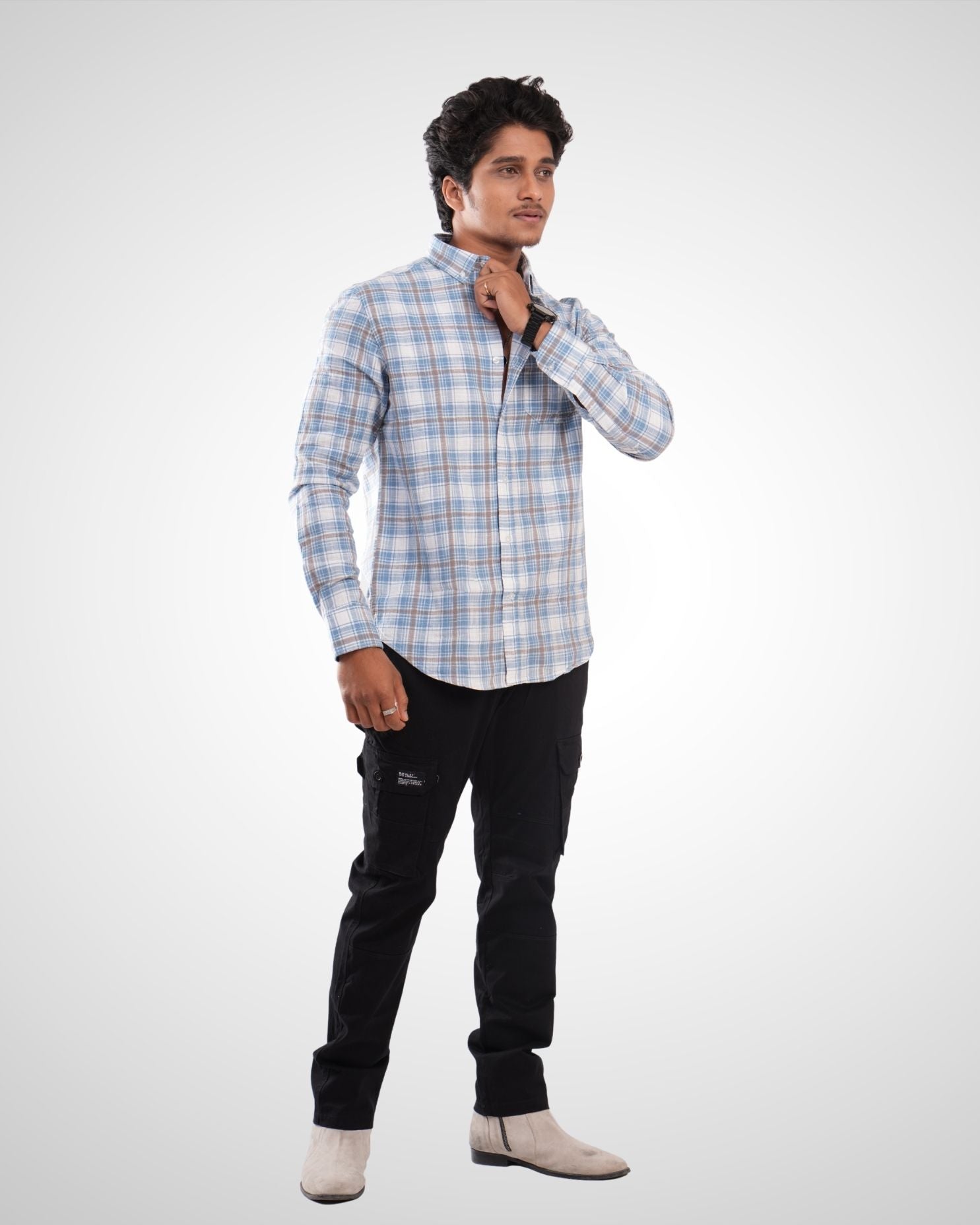 Blue Slub Dobby Checked Cotton Shirt
