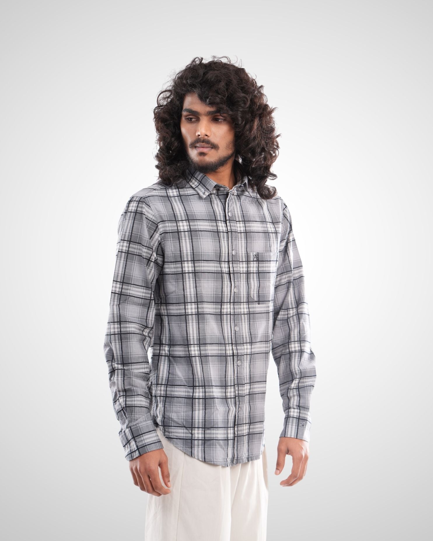 Grey Brushed Twill Checked Shirt