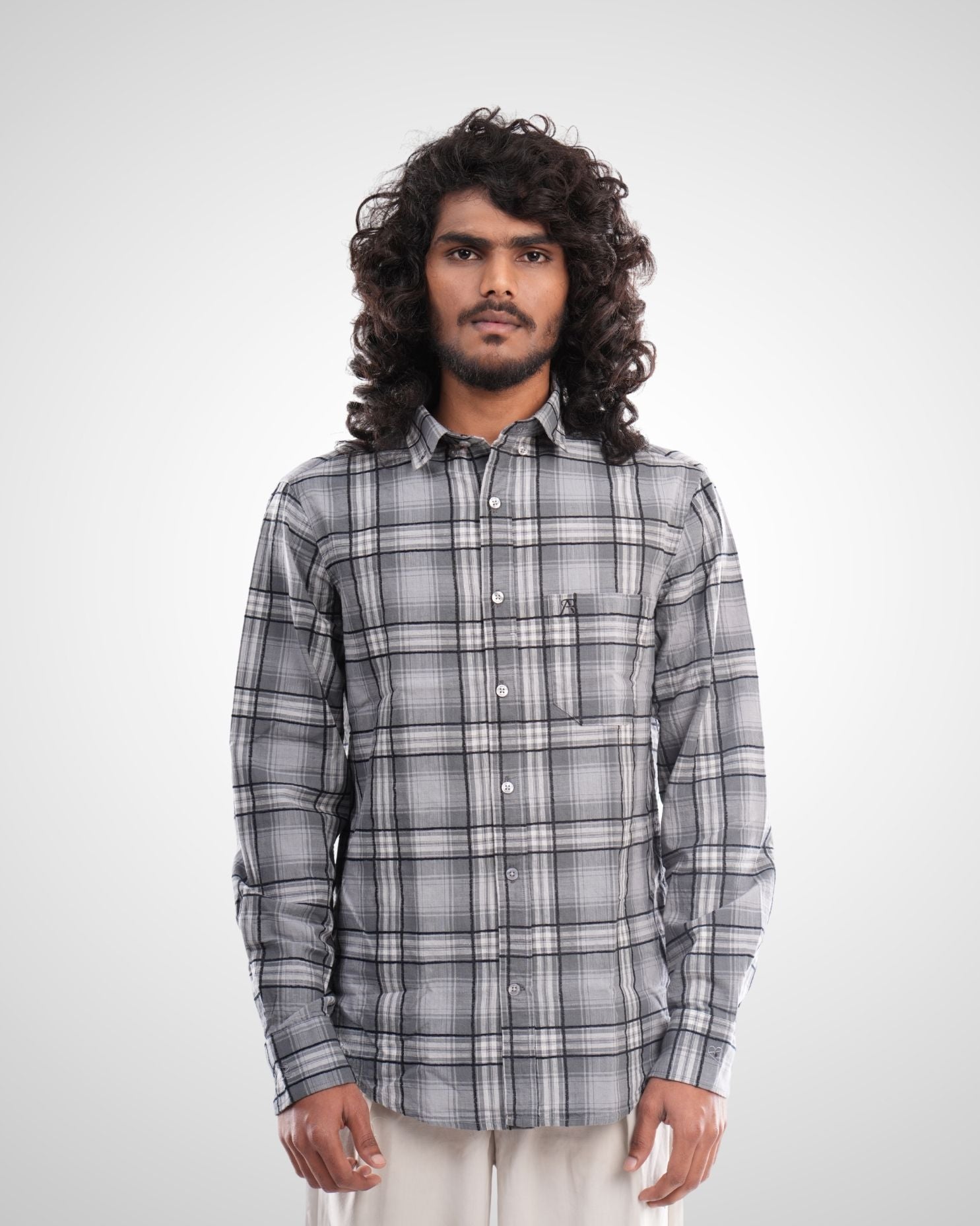 Grey Brushed Twill Checked Shirt