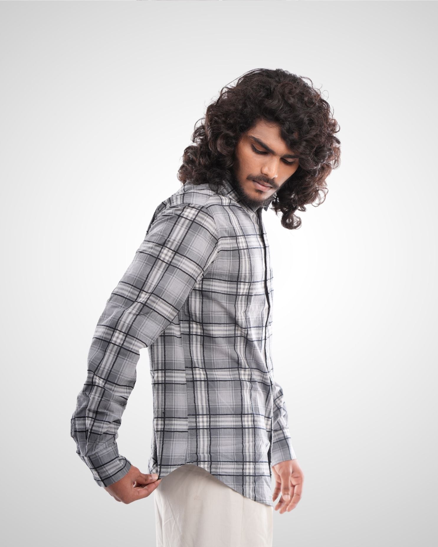 Grey Brushed Twill Checked Shirt