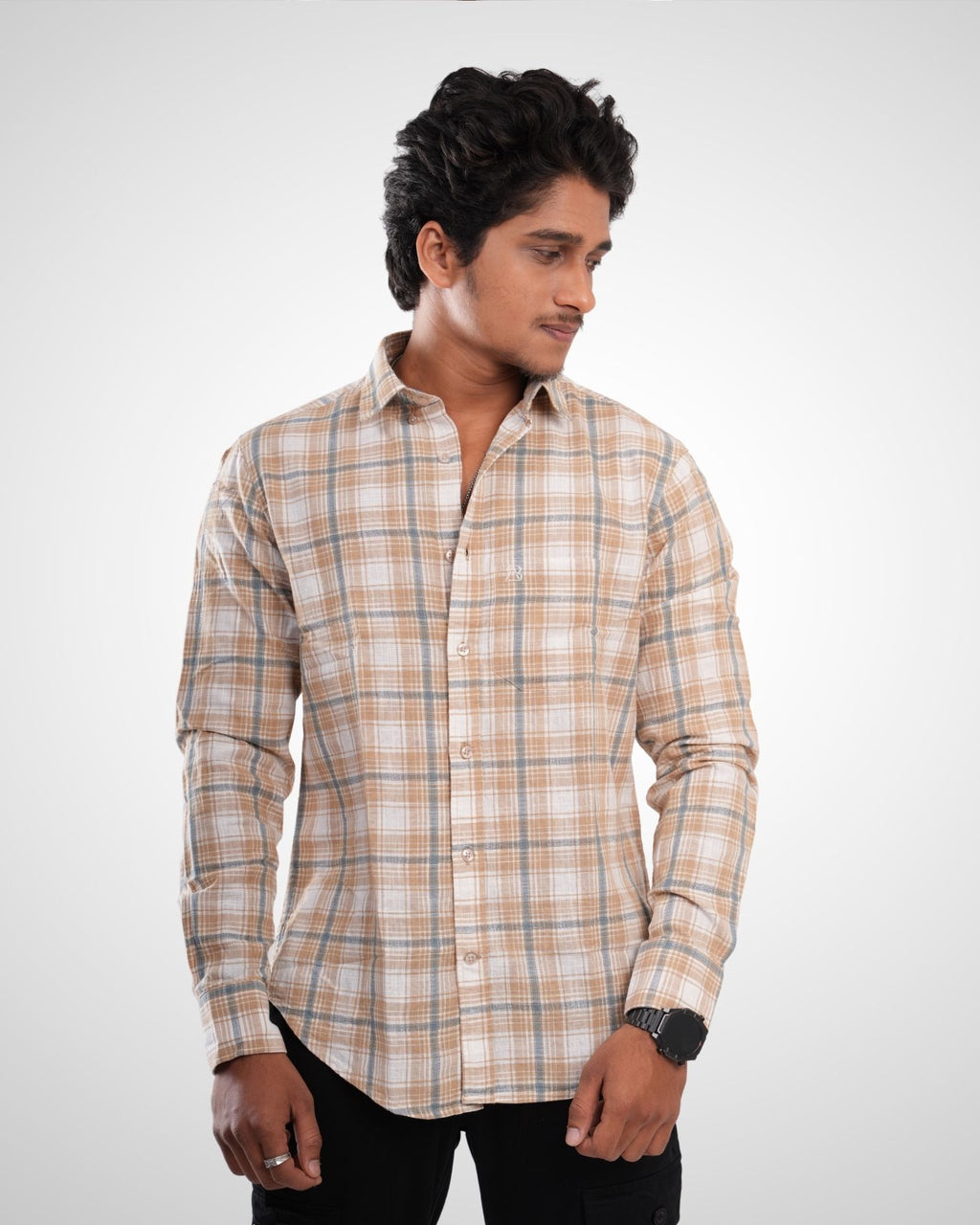 Beige Slub Dobby Checked Cotton Shirt