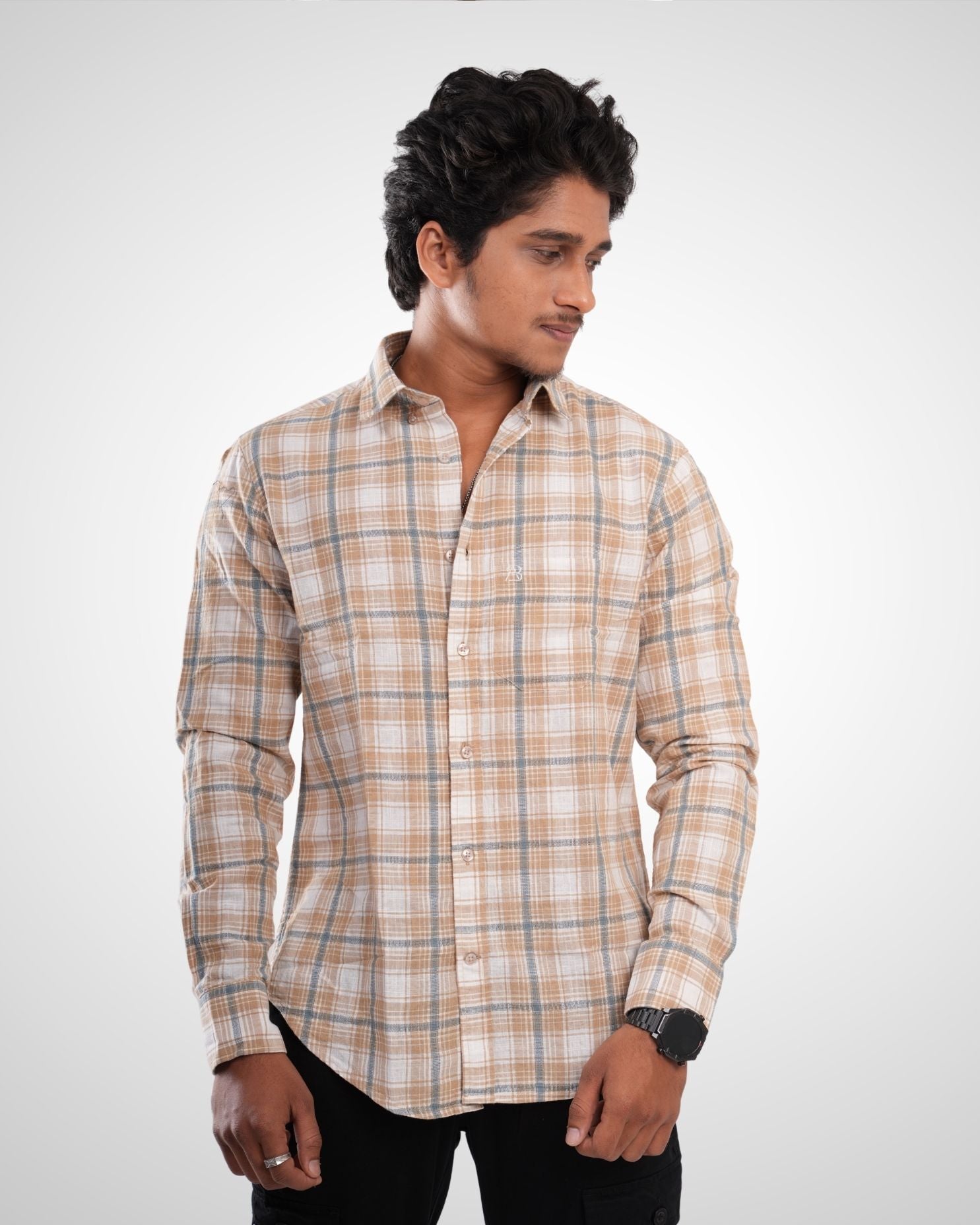 Beige Slub Dobby Checked Cotton Shirt
