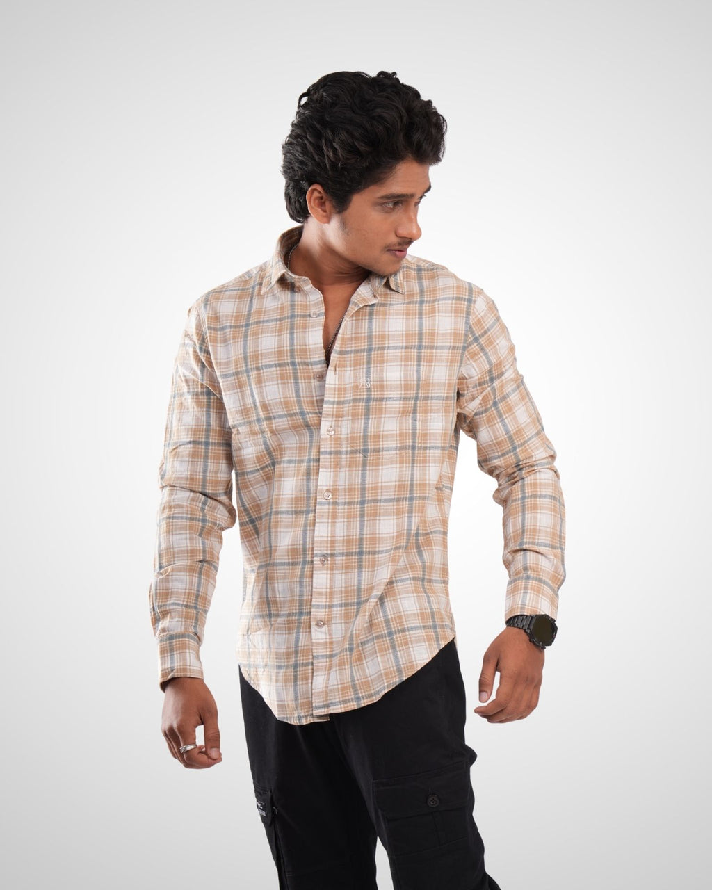 Beige Slub Dobby Checked Cotton Shirt