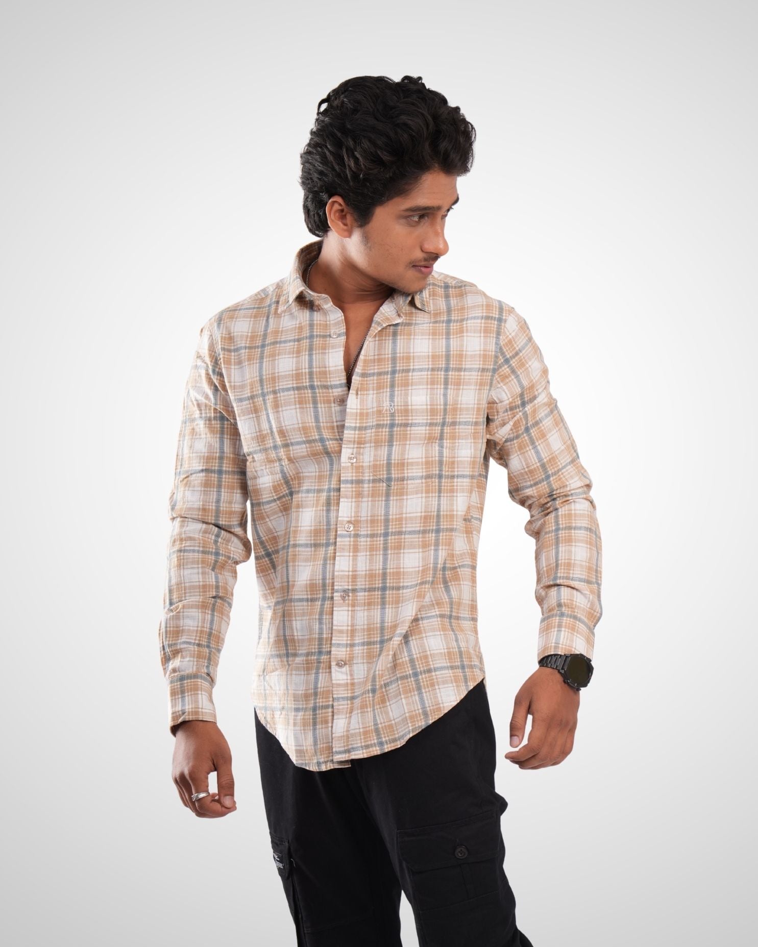 Beige Slub Dobby Checked Cotton Shirt