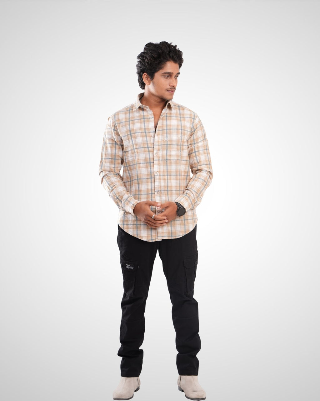 Beige Slub Dobby Checked Cotton Shirt