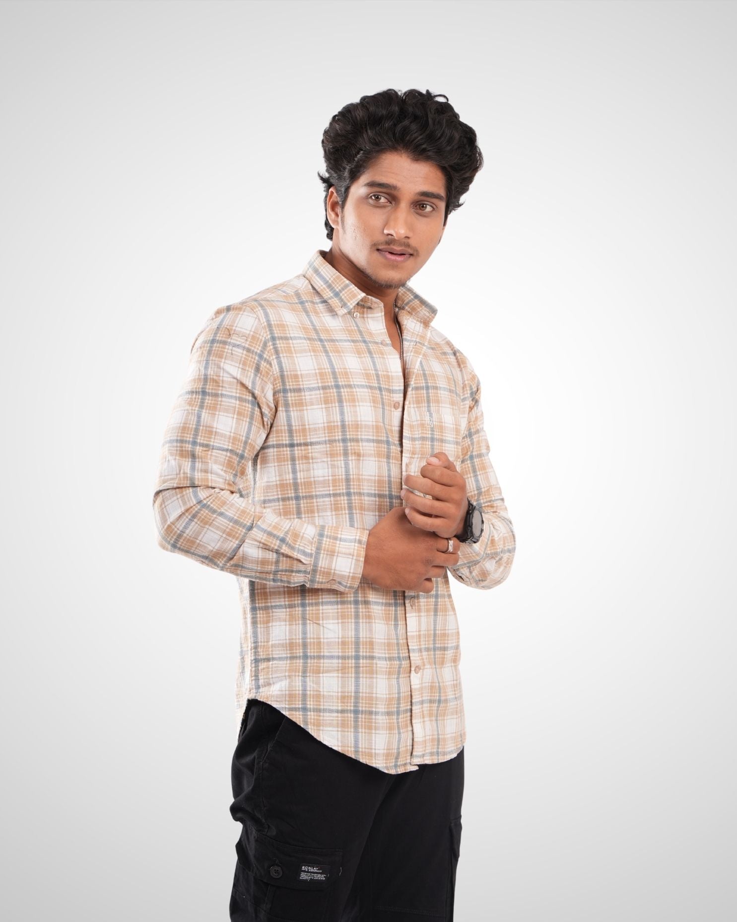 Beige Slub Dobby Checked Cotton Shirt