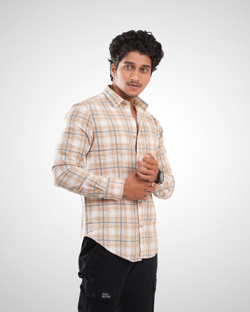Beige Slub Dobby Checked Cotton Shirt