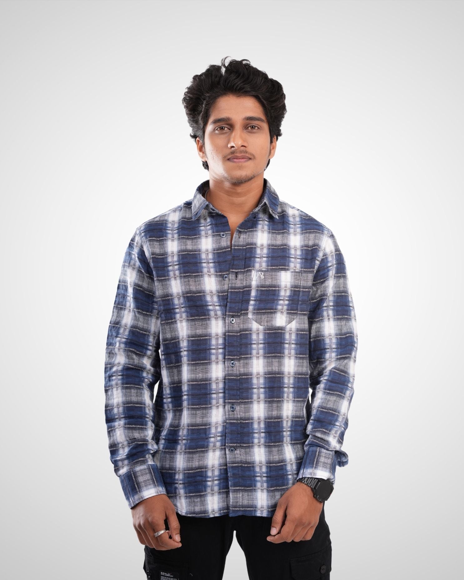 Blue Dobby Checked Cotton Shirt