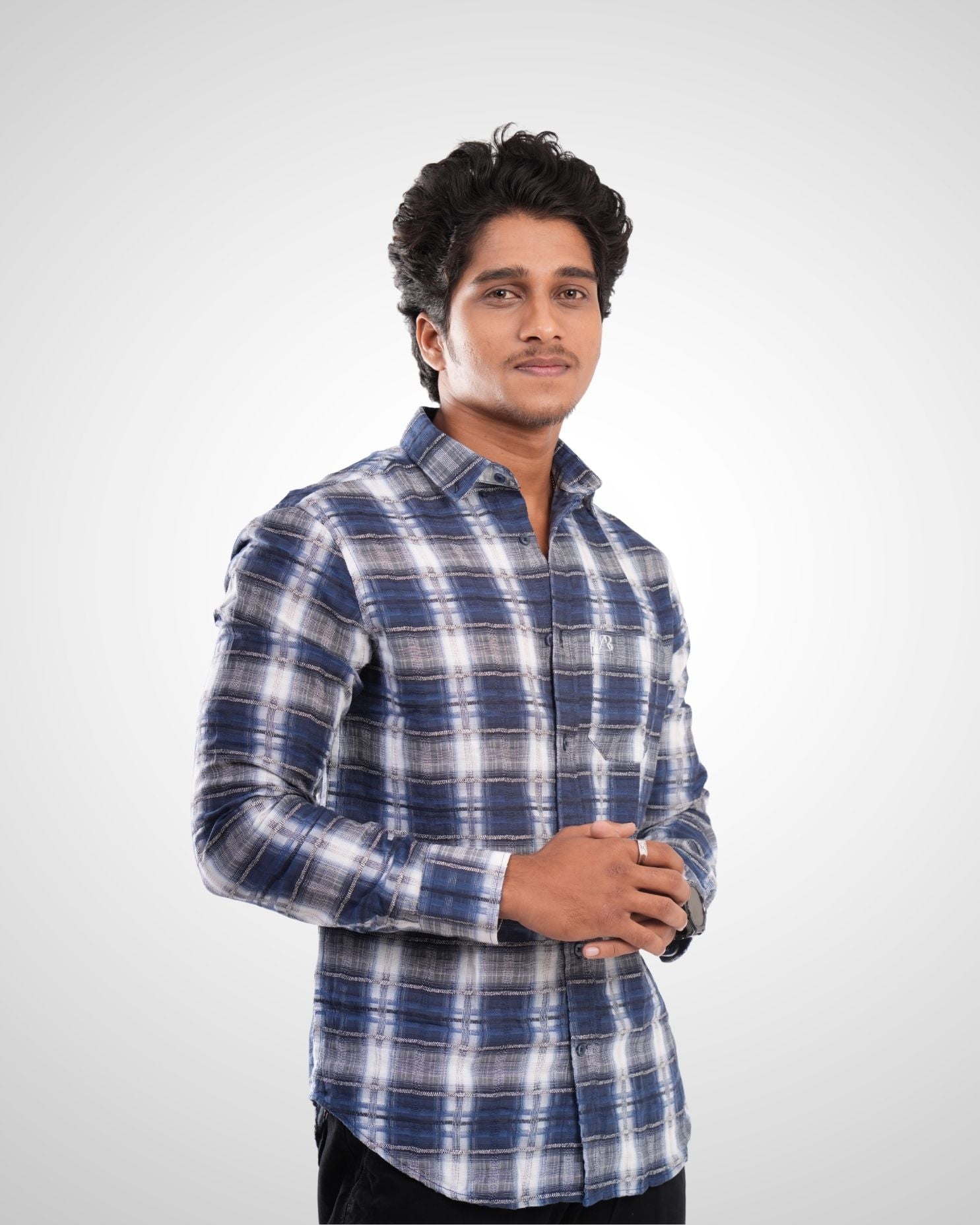 Blue Dobby Checked Cotton Shirt