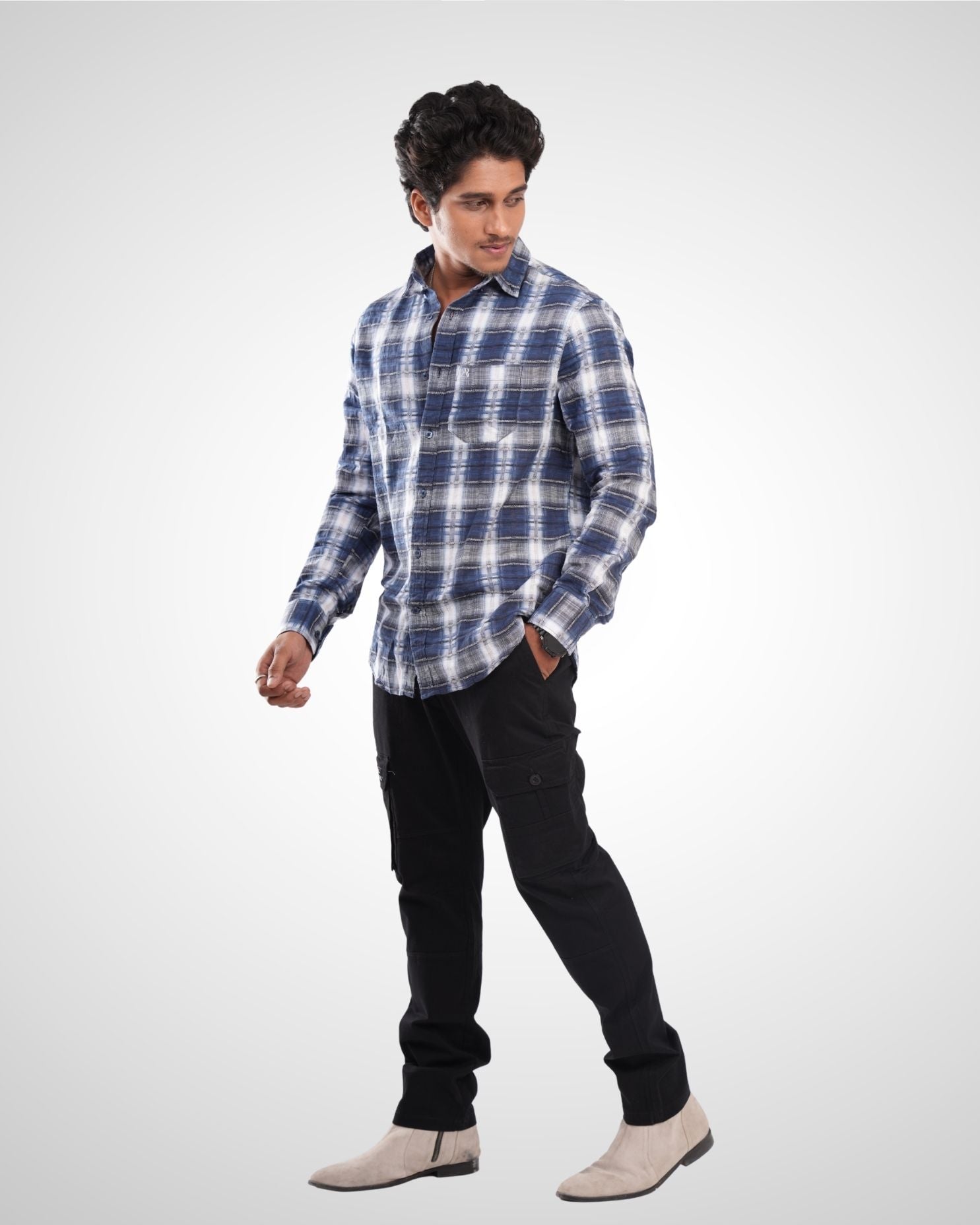 Blue Dobby Checked Cotton Shirt