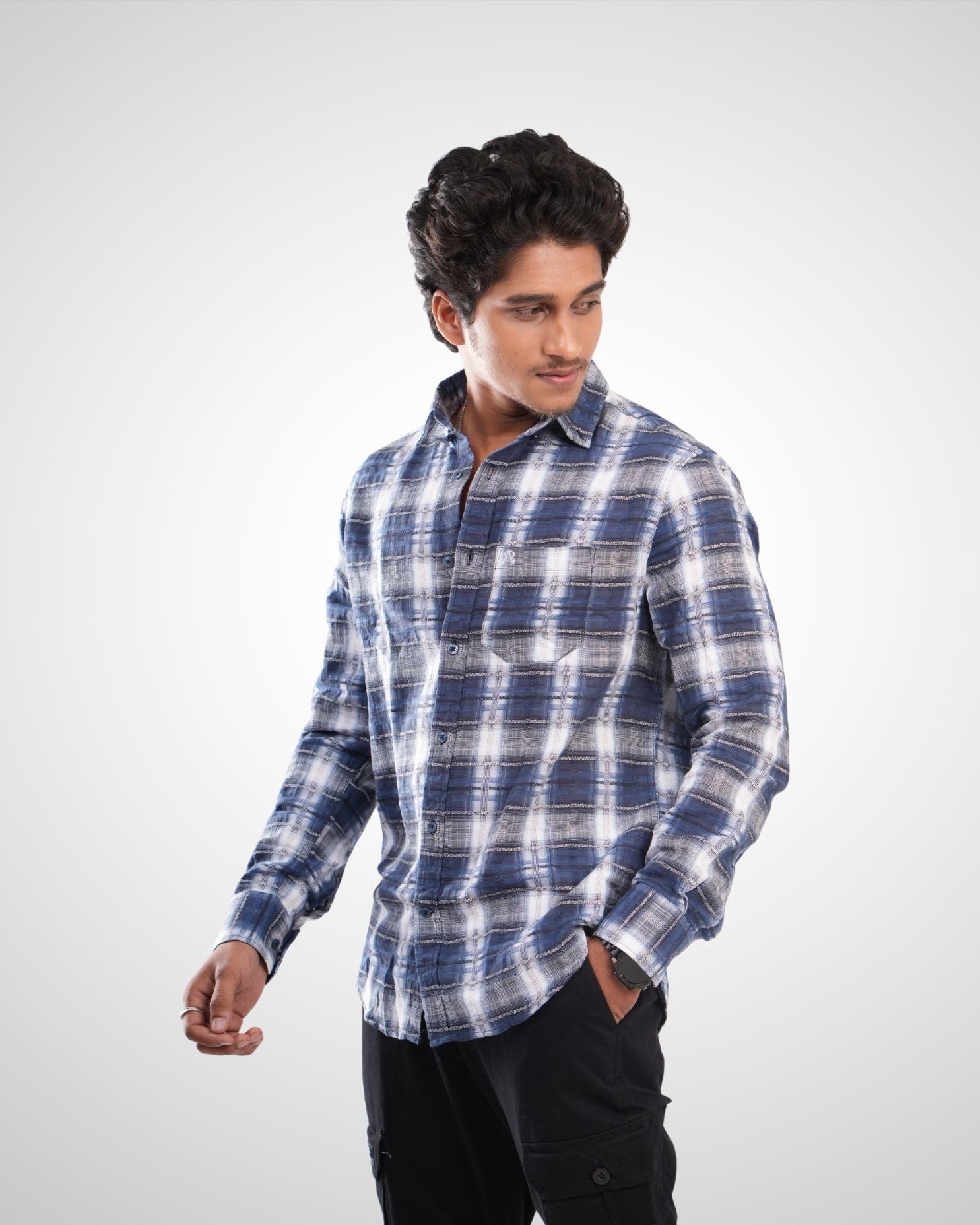 Blue Dobby Checked Cotton Shirt